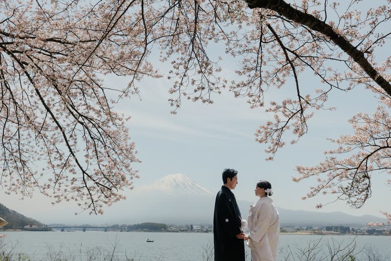 桜の枝越しに、富士山と河口湖